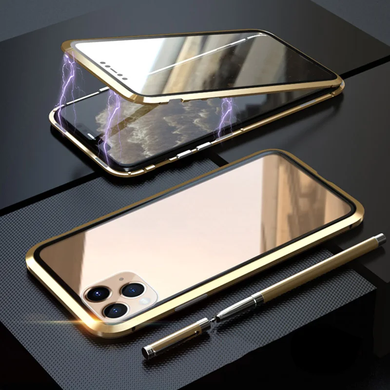 Чехол из закаленного стекла+ пленка для экрана для iPhone 11/11 Pro/11 Pro Max, чехол с магнитной адсорбционной рамкой, чехол с полной защитой - Цвет: Золотой