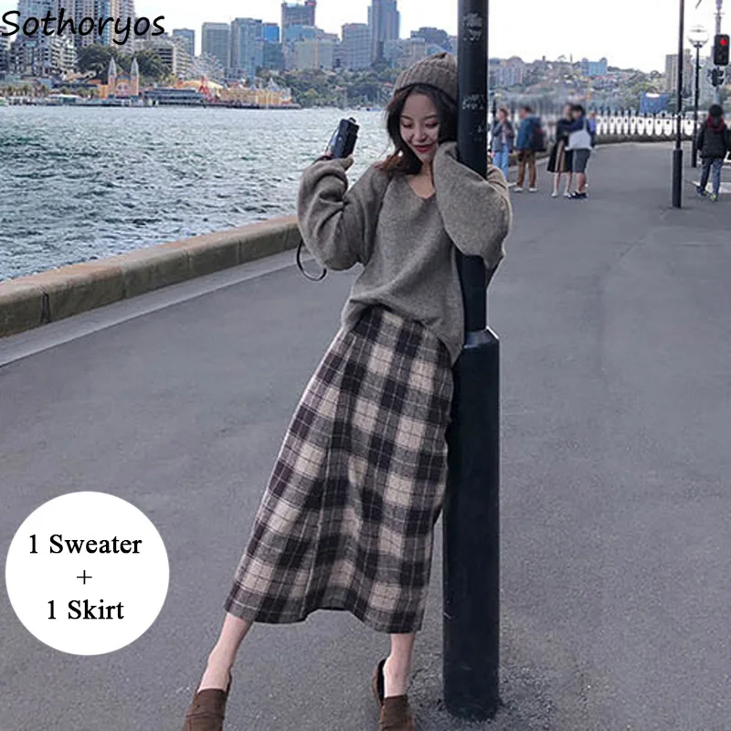 

Women Sets Autumn V-Neck Solid All-match Loose Knitting Clothes Plaid Retro Chic Korean Style Skirt Womens Two Piece Set Trends