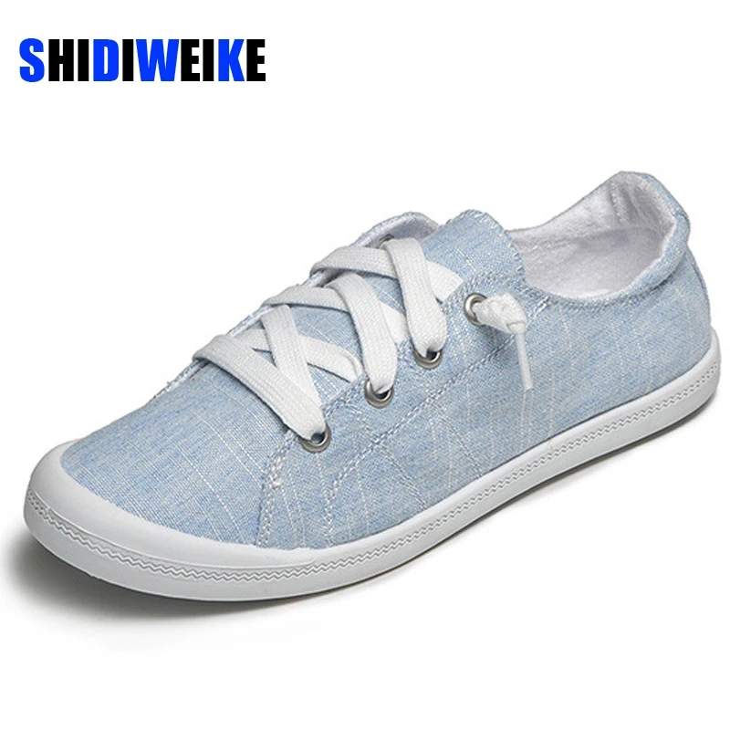Zapatillas blancas clásicas de lona para Mujer, zapatos planos con cordones, vulcanizados, informales, de verano