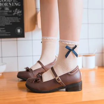 

2020 Lolita Style Ruffles Soft Cotton Socks Women Girls Vintage Jacquard Cute Ankle Socks bow-knot Cozy Frilly Sock