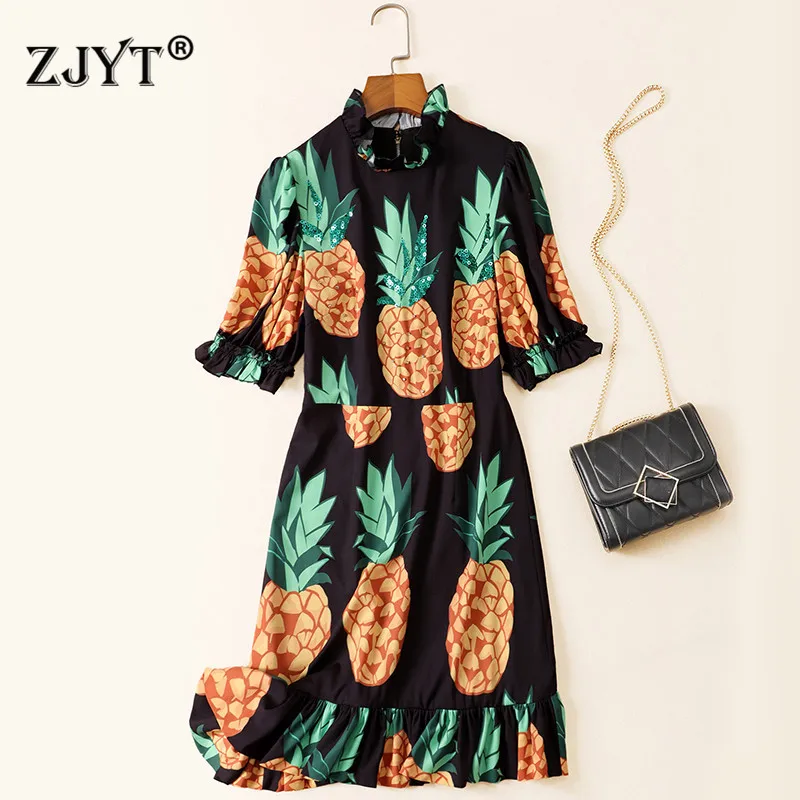 

Runway Dress 2020 Women Spring Summer New Fashion Short Sleeve Sequined Beading Print Ruffle Hem Short Casual Party Dresses