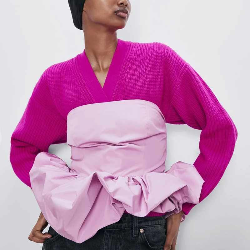 Женская короткая блузка ZA розовая модная Свободная с эластичным подолом и