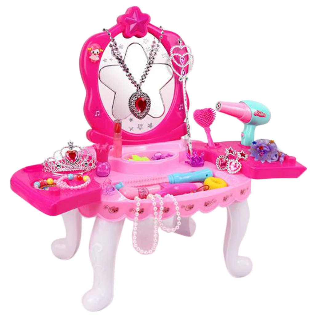 Play Pretend Play Beauty Set, Princess Pretend Play Dressing Table Top Set with Makeup Mirror, Jewelry and Accessories