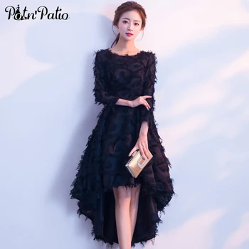 

Black Long Sleeves Prom Dresses Feather Lace Short Front Long Back Cocktail Party Dress 2019 High Low Prom Gown