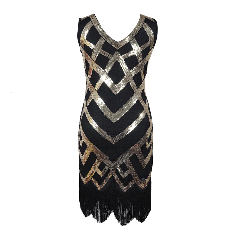 2018 Great Gatsby Dress Women Sequins Dress 1920 s Vintage Ballroom Gold Dresses Sexy Club V Neck tassels Beaded Party Dress (2)
