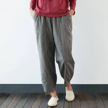 

2020 Vintage Striped Pants Women Casual Elastic Waist Long Trousers Plus Size Pockets Cotton Pantalon Harem Palazzo Streetwear