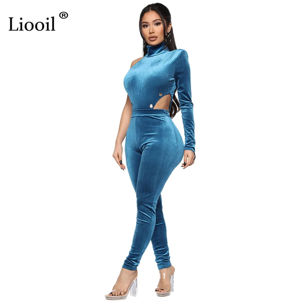 Liooil, синие бархатные боди и штаны из двух частей, весна, на одно плечо, облегающие, вечерние, сексуальные, Клубные наряды для женщин, подходящие комплекты