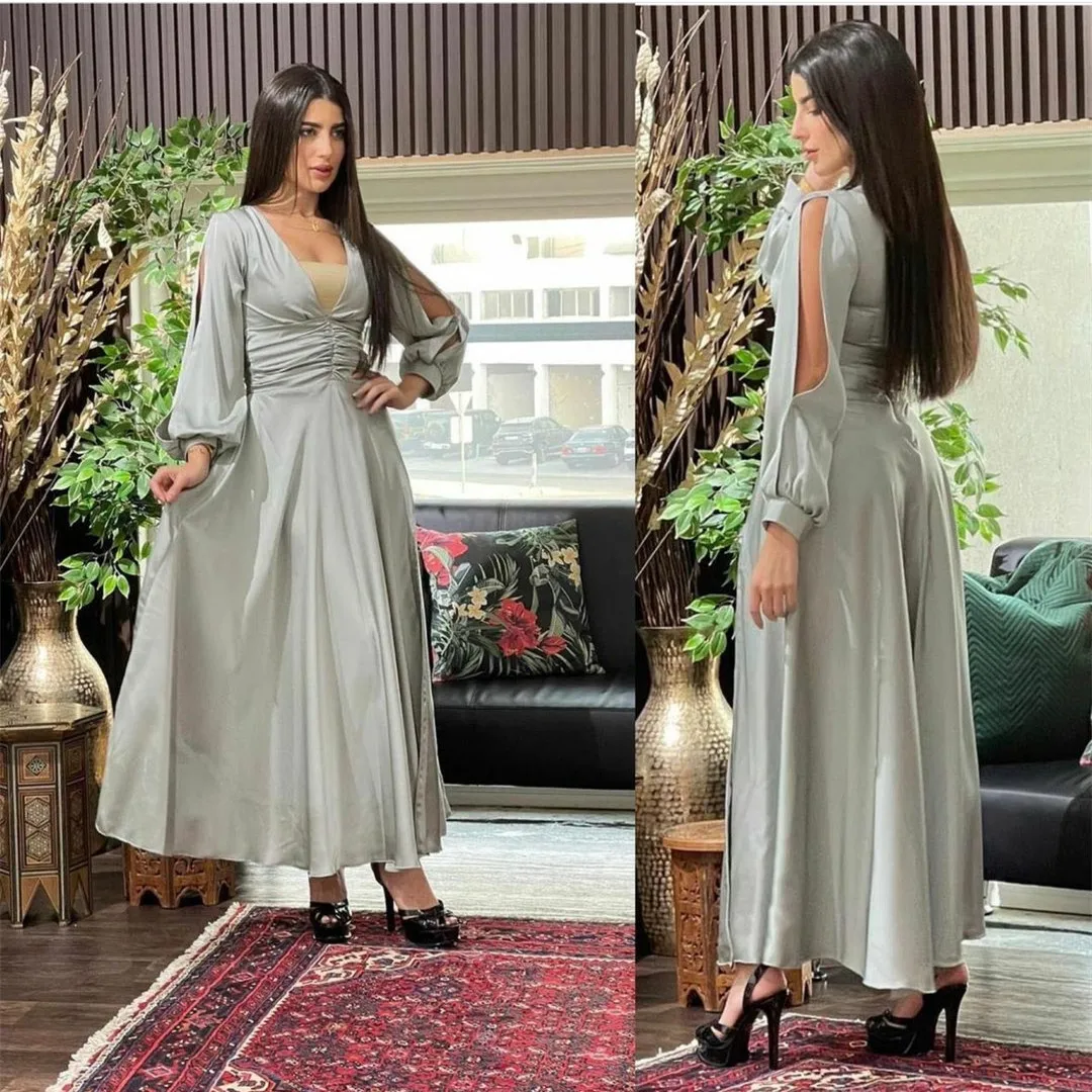 

Vintage Long Satin Evening Dresses With Pockets A-Line Pleat Prom Gowns Robes de soirée Ankle Length Party Dress Вечерние платья