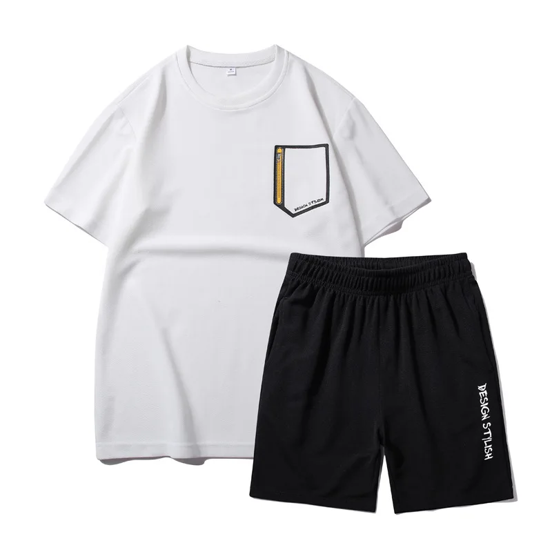 

New Style Teenager Students Summer Men Leisure Set Solid Color Short Sleeve Printed round Neckline T-shirt Thin Shorts