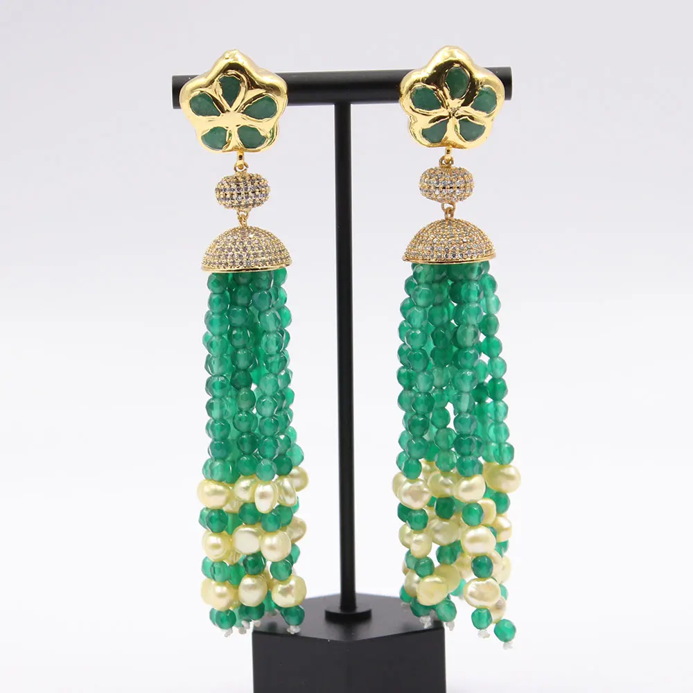 Yellow Pearl Green Agates Cz Paved Tassel Gold Color Plated Jade Stud Earrings Handmade For