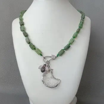

Natural Green kyanite rough choker Necklace Clear Quartzs rough Crystal Crescent Moon Pendant necklace 22"