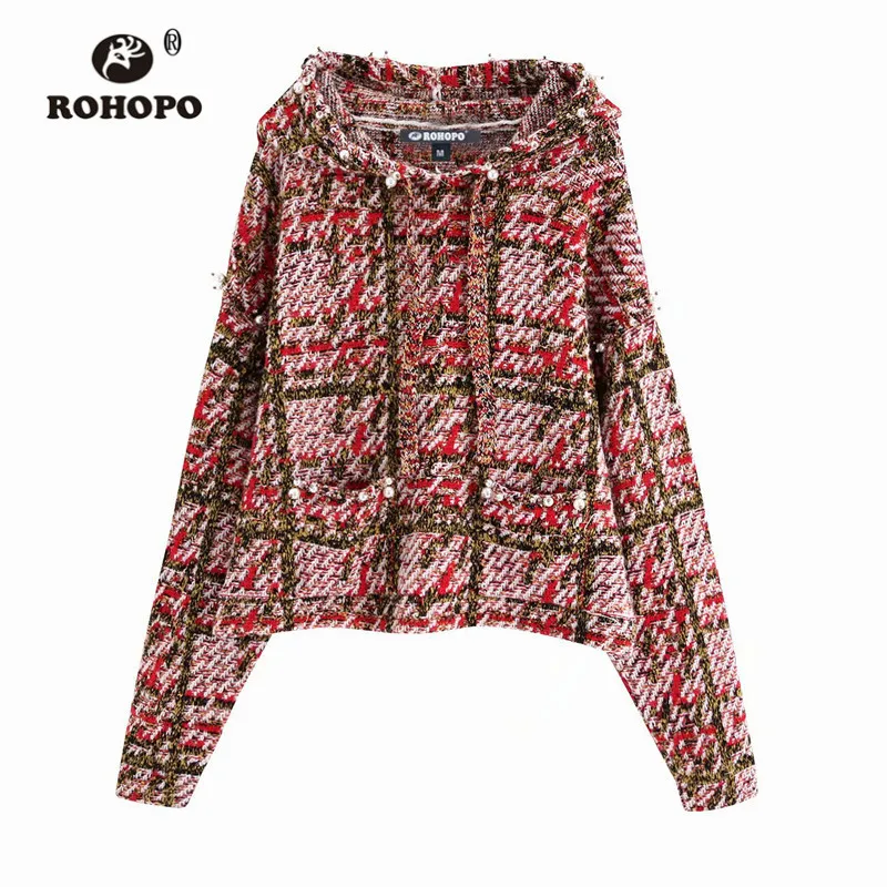ROHOPO, с капюшоном, воротник, бисер, жемчуг, твид, вязанная толстовка, осенняя женская, шикарная, Ретро стиль, в клетку, толстая, зимняя, красная, толстовки#9732