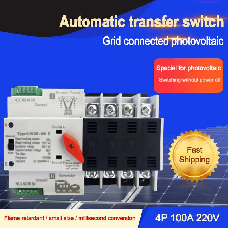 

ICHYTI LW2R-4P 100A 220V Mini ATS Automatic Transfer Switch Electrical Selector Switches Dual Power Switch