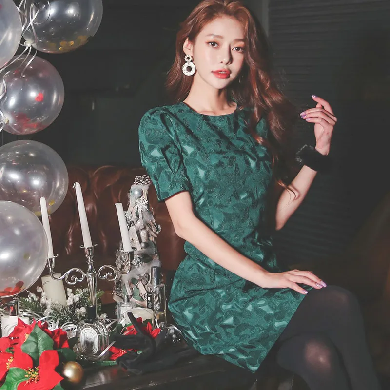 

S-XL Korean Version O-Neck Short Sleeve Jacquard Fashion Dress 2020 Summer Solid Dress Elegant Women Bodycon Party Vestido