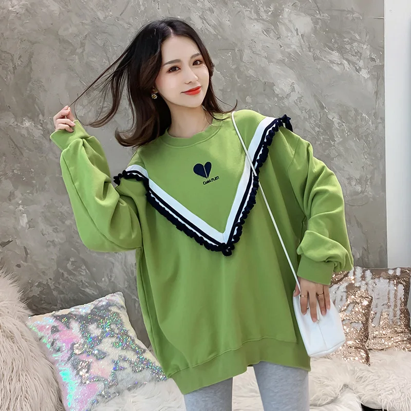 

Pregnant Women Fall And Winter Clothes Korean-style Loose-Fit Versatile V-Shaped Lace Lettered Embroidered Long-sleeved Upper Ga
