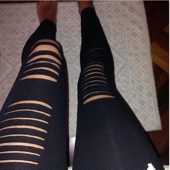 

Black Hold Women Pencil Leggings Brand New Sexy Women Goth Punk Slashed Ripped Cut Out Slit Stretch Pants Leggings