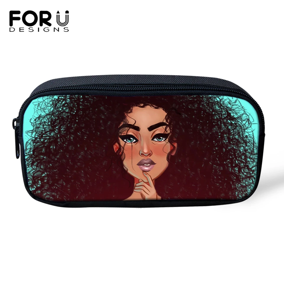 FORUDESIGNS/Детские пеналы с рисунками из мультфильмов, черные, с рисунком афро, для девочек, дорожные сумки для макияжа для девочек, афро-художественный дизайн, студенческие мини-пеналы для ручек