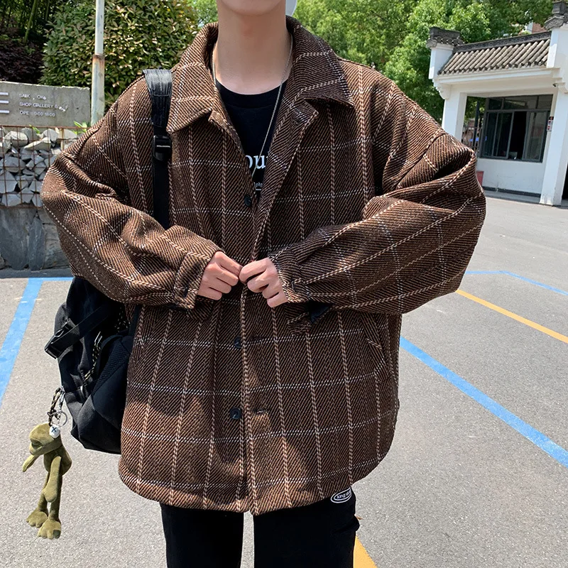 

Autumn & Winter Coat Men's Thick Korean-style Retro Coffee Woolen Plaid Loose-Fit Trend Students Hong Kong Style Jacket BF