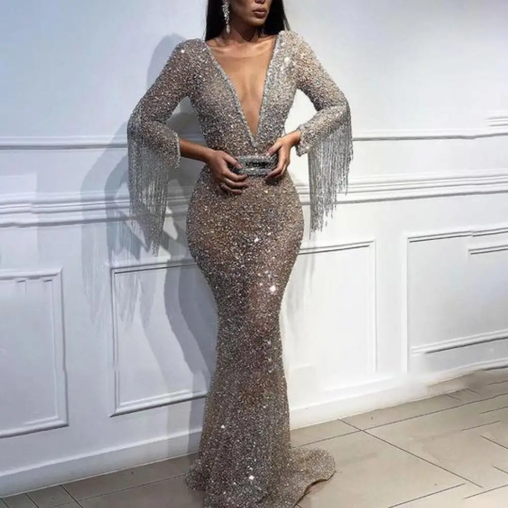 

Long Evening Dresses Mermaid Deep V Sexy Women Lady Gown Sliver One Shouder Sleeve Real Prom Dress Mermaid Style ESAN359