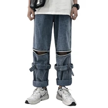 Съемные Новые мужские джинсы в стиле хип-хоп, уличная одежда, мужские классические джинсы-карго с карманами, мужские синие повседневные штаны, байкерские джинсовые брюки