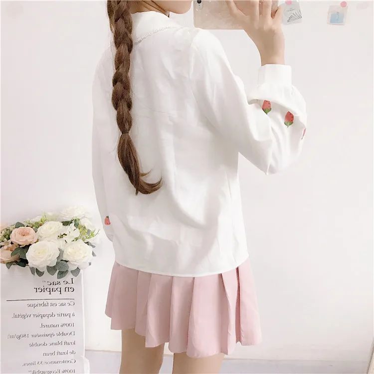 Blusas mujer de moda, блузка в стиле Лолиты для женщин и девочек, сезон осень-весна, в японском стиле, милая белая рубашка с длинным рукавом и воротником в стиле Питера Пэна