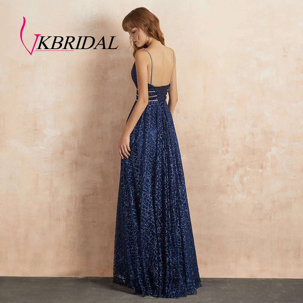 VKBRIDAL Длинное Элегантное Вечернее Платье праздничные платья для встречи выпускников с v-образным вырезом Тюль Блестящий Кристалл роскошное платье для выпускного вечера