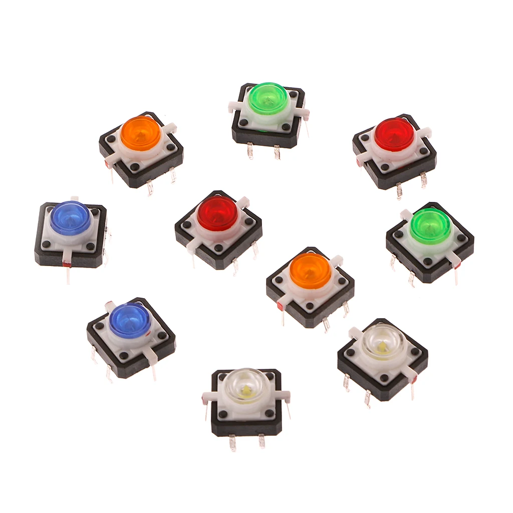 

10 Pcs LED Light Momentary Tactile Tact Push Button Switch 12x12x7.3mm 5 Colors