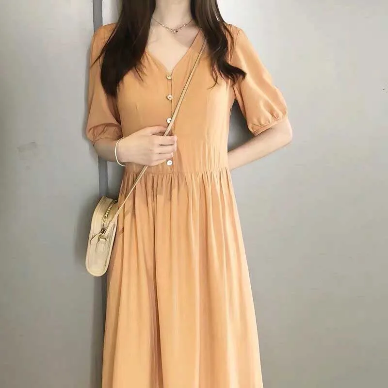 Elegant Woman Party Holiday Dress 2020 One-Piece New Summer Vintage Chiffon Dress Lady Korean Sweet Office Casual Loose Dresses