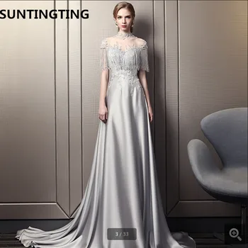 

2020 new arrival silver satin a line prom dress beading lace appliques high neck hollow back corset prom gowns evening dresses