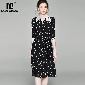 

100% Silk Women's Dress Turn Down Collar Short Sleeves Polka Dots Printed Sash Bow Belt Color Block Fashion Dresses