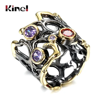 

Kinel Hip Hop Purple Red CZ Ring Gothic Black Gold Hollow Parties Ethnic Wedding Jewelry Vintage Rings for Women