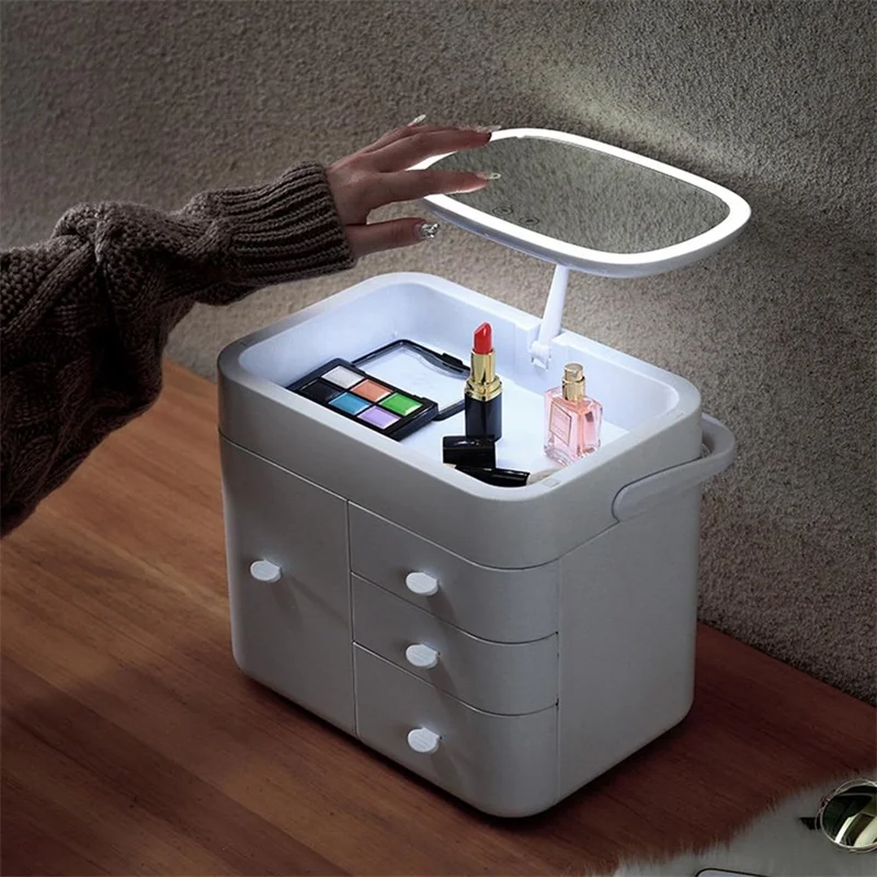  LED Fill Light Cosmetic Storage Box with Multi-Drawer 10x Magnifying Glass Multi-layer Dressing Tab