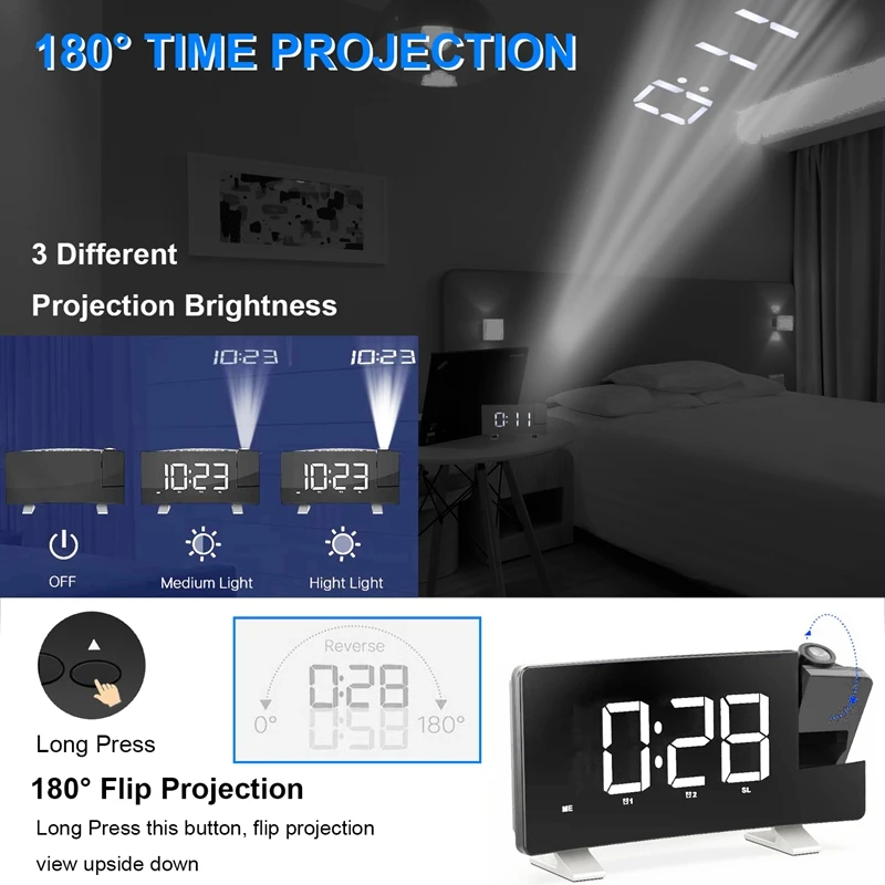 Проекционный будильник, 7 дюймов Dimmable СВЕТОДИОДНЫЙ изогнутый экран цифровые часы, fm-радио будильник, прикрепляемый к потолку таймер сна fo