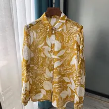 Желтый/зеленый шелка и хлопка с длинным рукавом с отворотом блузка, кофта с принтом-высокое качество Для женщин модная рубашка Топ
