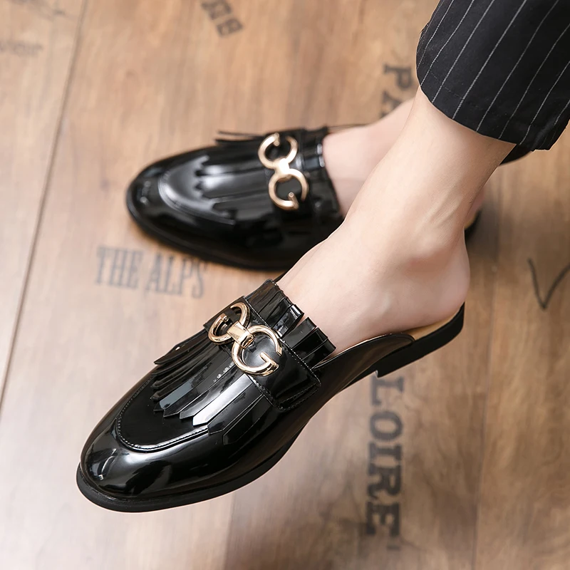 Men Half Dress Shoes Indoor Patent Leather Slippers Plus Size 38-48 Loafers Moccasins Mens Mules Casual Shoes soft slippers,beach slippers