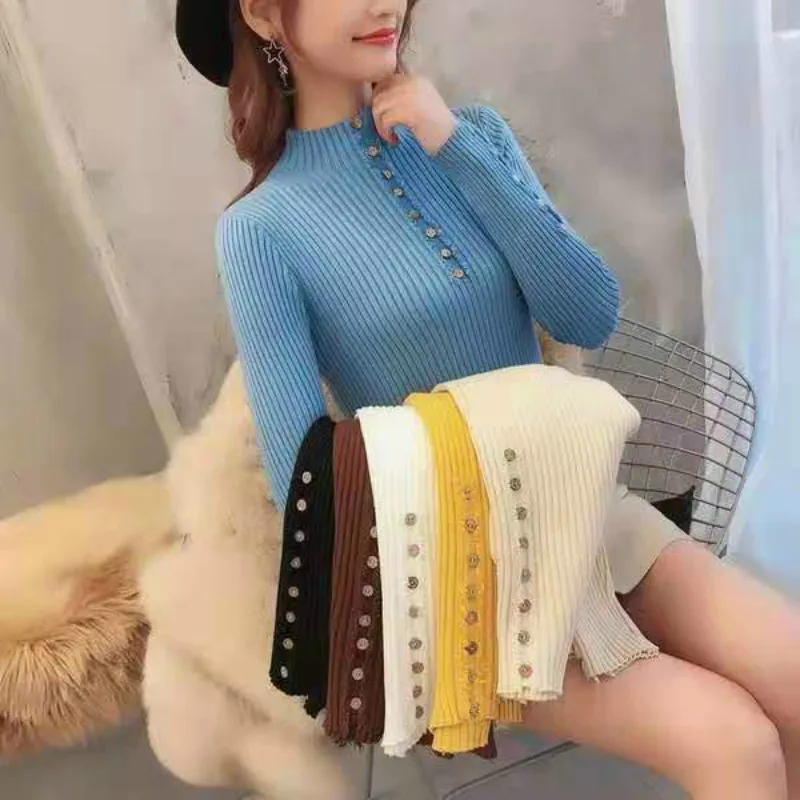 

Women's Autumn and Winter New Elasticity Pullovers Pullovers Long Sleeve Knitted Blouse Half-high-collar Sweaters