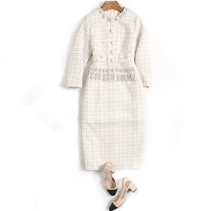 Autumn/winter women's tweed dress high quality rhinestone three quarter sleeves plaid pencil dress A970