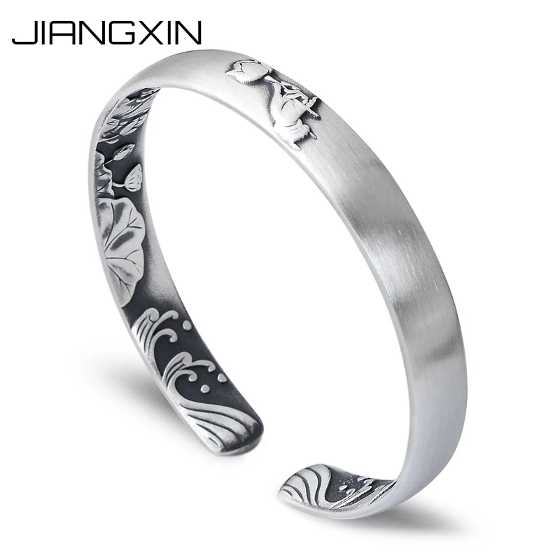 

38g 999 Pure Silver Lotus Plant Bangle Vintage Adjustable Open Jewelry for Lover Women - Carving Letters