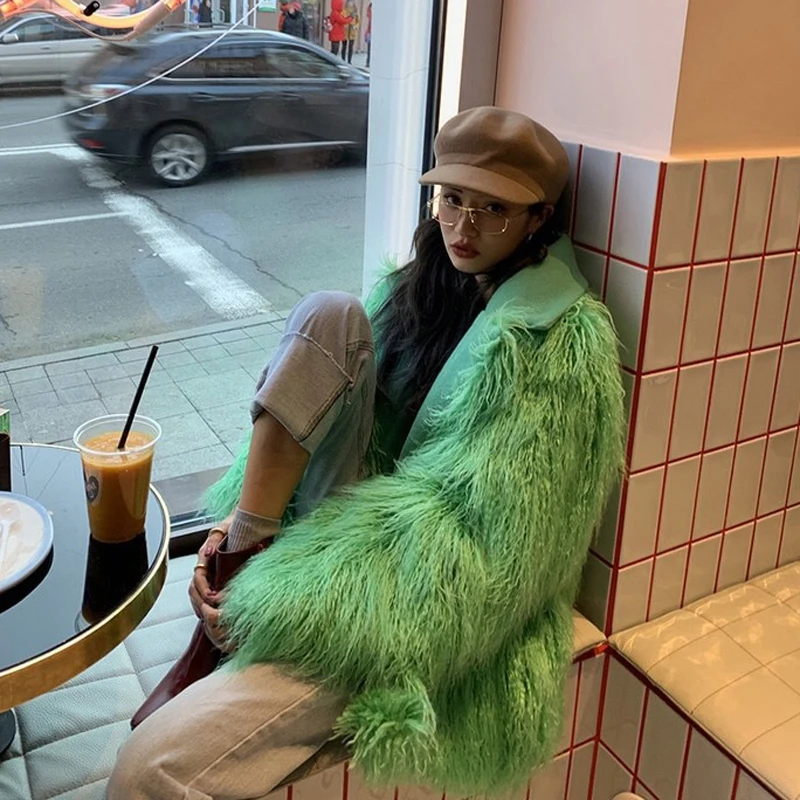 Шикарное уличное зеленое пальто из искусственного меха для девочек, зимняя модная женская пушистая длинная куртка из искусственного овечьего меха, пальто, верхняя одежда в стиле Харадзюку, панк