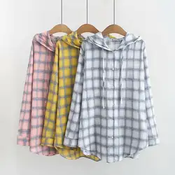 Повседневные блузки размера плюс, осень 2019, женские модные свободные клетчатые рубашки с длинным рукавом и капюшоном, A-1927