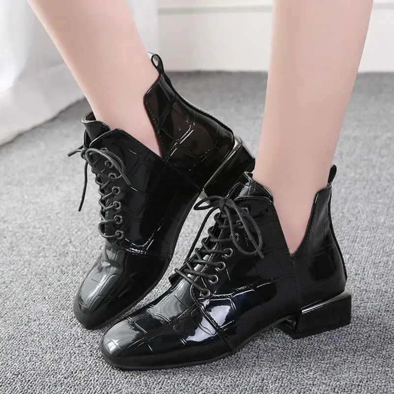 

Short Boots Women's 2019 Autumn & Winter New Style Europe And America Crocodile Pattern Joint Semi-high Heeled Large Size Casual