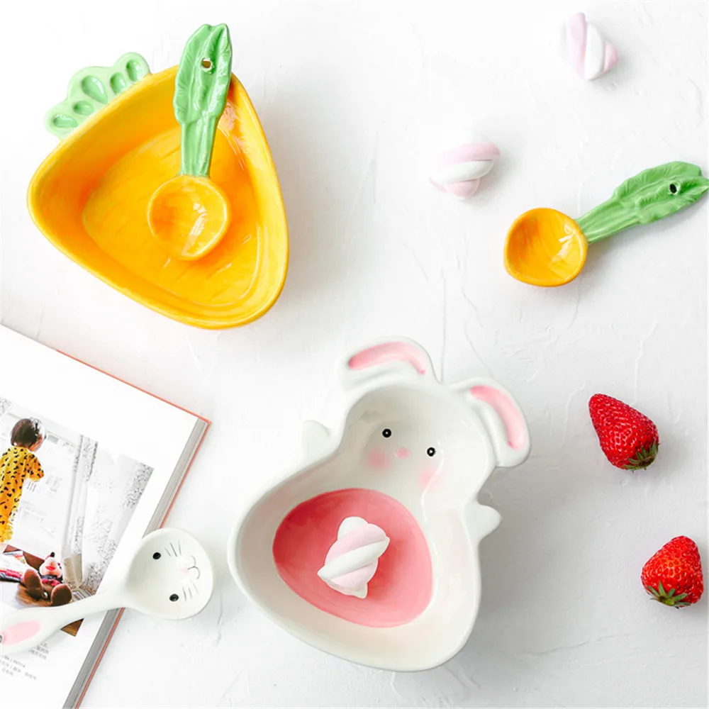

Lovely Kids Bowl Spoon Cartoon Rabbit Carrot Bowl Baby Children Ceramic Fruit Dessert Feeding Bowl Children Tableware