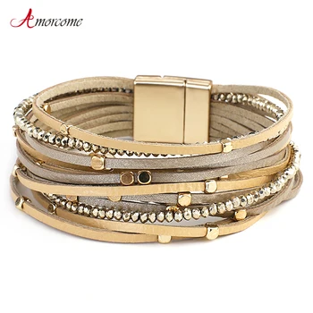 

Amorcome Genuine Leather Bracelets for Women Bohemian Multilayer Metal Beads Charm Wide Wrap Bracelets & Bangles Femme Jewelry