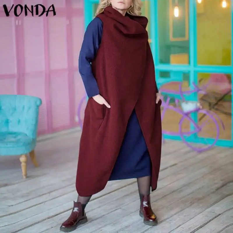 

VONDA 2019 Women Tank Dress Autumn Summer Split Hem Solid Long Dresses Casual Loose Bohemian Vestidos Femme Robe Plus Size