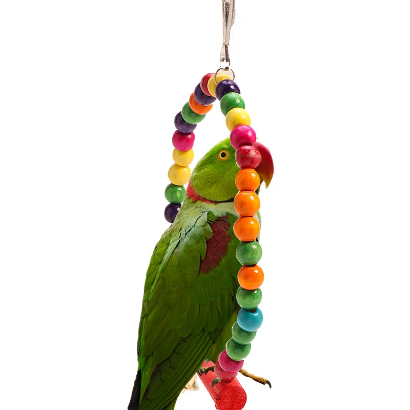 

Natural Wooden Parrots Swing Toy Birds Perch Hanging Swings Cage With Colorful Beads Bells Toys Bird Supplies C42