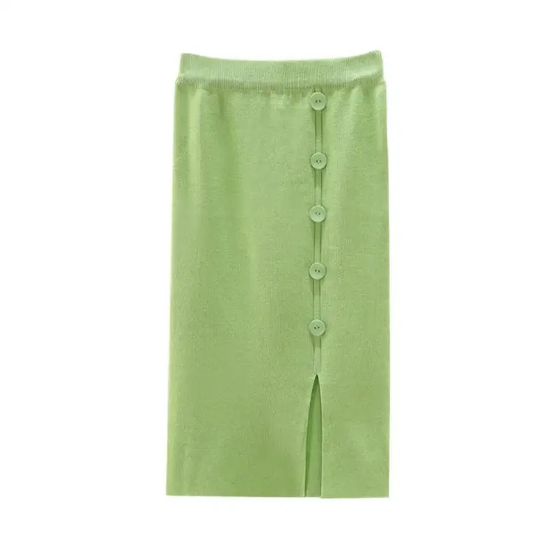 Трендовые женские юбки, дышащие, на пуговицах, в бедрах, вязаные, прямые, одноцветные, для вечеринок, один размер - Цвет: Light Green