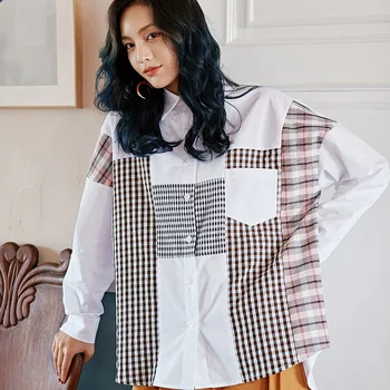 

LANMREM Splicing Lattice Lapel Long Sleeve Loose Plus Woman Shirt Casual Wild Personality Fashion 2020 Spring Blouse New TV395