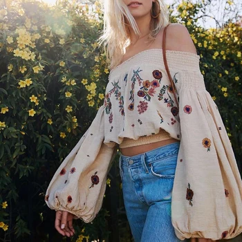

Short Boho blouse 2020 floral Embroidery sexy off shoulder summer Cotton blouse long sleeve chic women blouses Hippie blusas