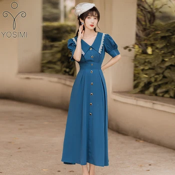 

YOSIMI 2020 Summer Long Women Dress Short Sleeve Mid-calf Fit and Flare Lace Turn-down Collar Empire Blue Long Dresses Elegant