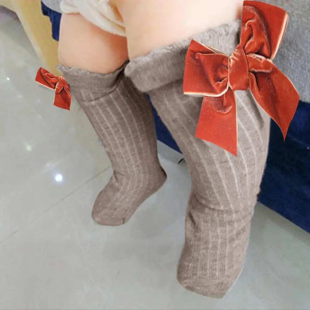 Khaki Новые детские носки Длинные мягкие хлопковые кружевные детские носки до колена с большим бантом для маленьких девочек детские носки kniekousen meisje От 0 до 6 лет - Цвет: Khaki